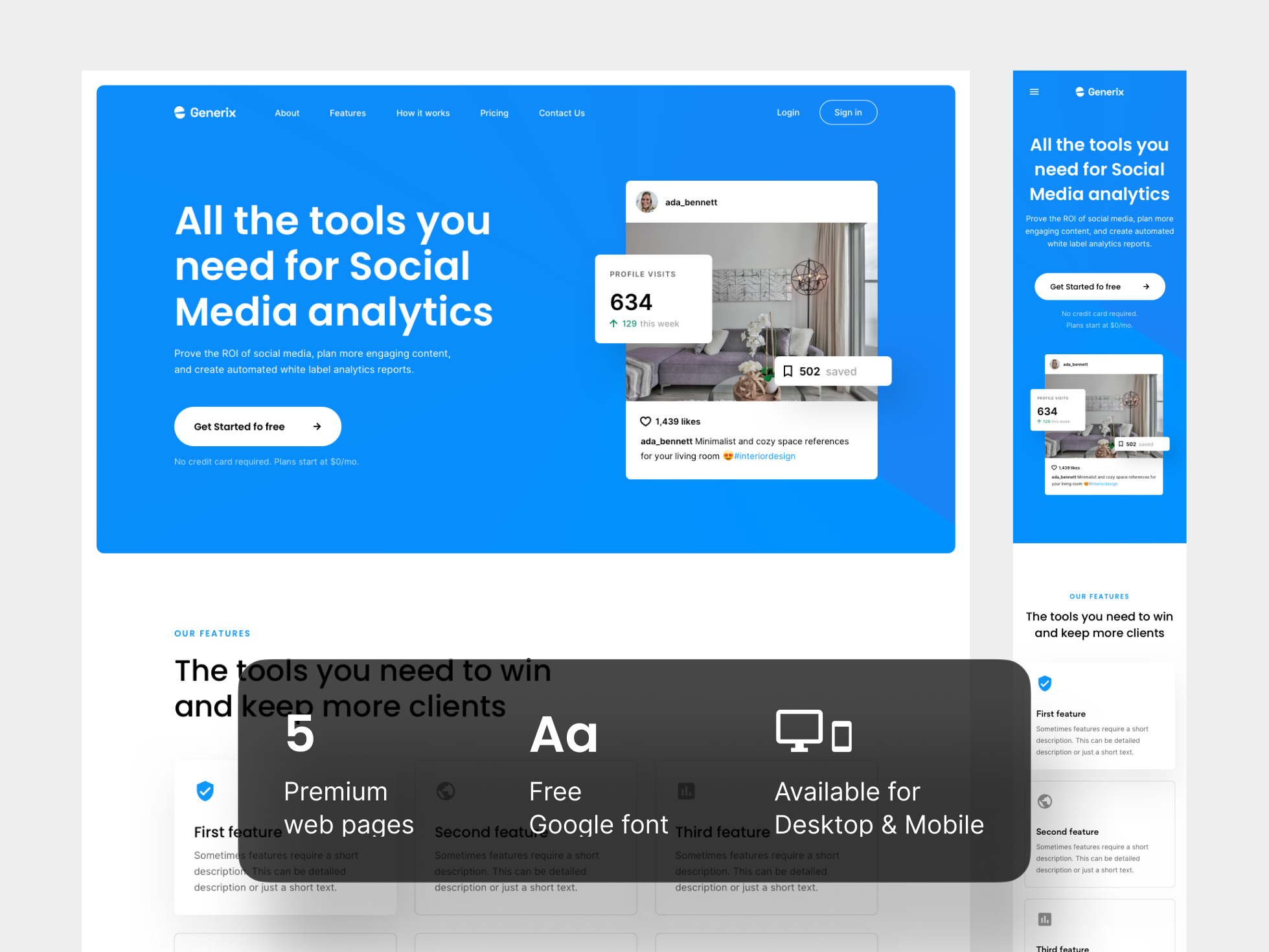 Generix: Social Media Analytics SaaS Landing Page UI Kit